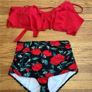 COCOSHIP Red Floral Bikini Set